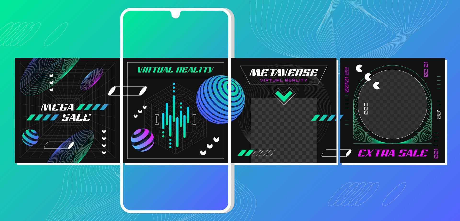 retro futuristisch instagram Post Karussell Design Vorlage mit abstrakt 3d geometrisch Drahtmodell Formen, Gitter. Sozial Medien Banner. Handy, Mobiltelefon Anwendung Bildschirme mit Grafik Elemente zum Verkauf Werbung vektor