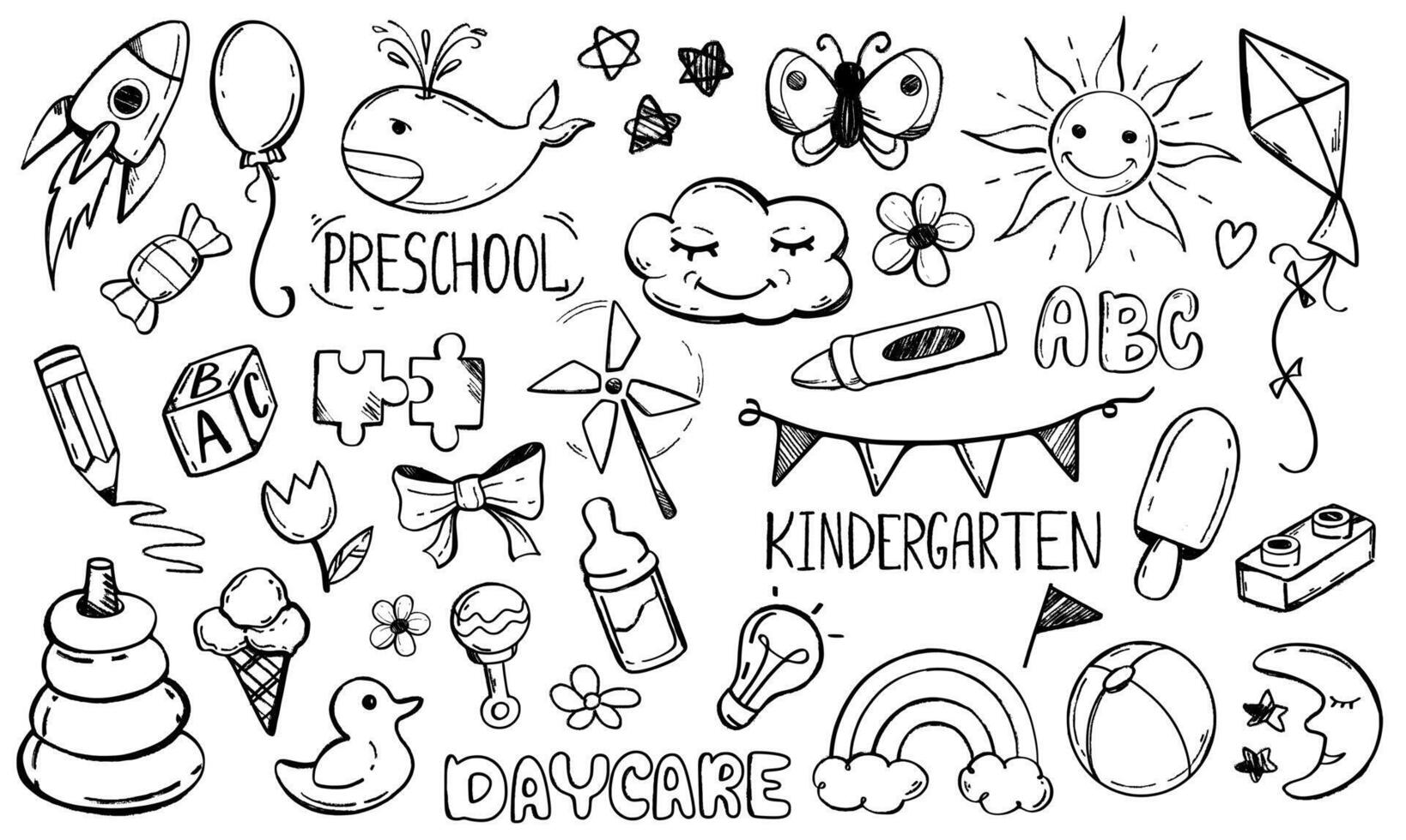 Kindertagesstätte Gekritzel Satz. Kindergarten und Vorschule Linie Kunst Vektor Illustration. Kinder Symbol Sammlung mit Hand gezeichnet Spielzeuge, Blumen, Sonne, Rakete, Regenbogen, Tiere und Süßigkeiten auf Weiß Hintergrund