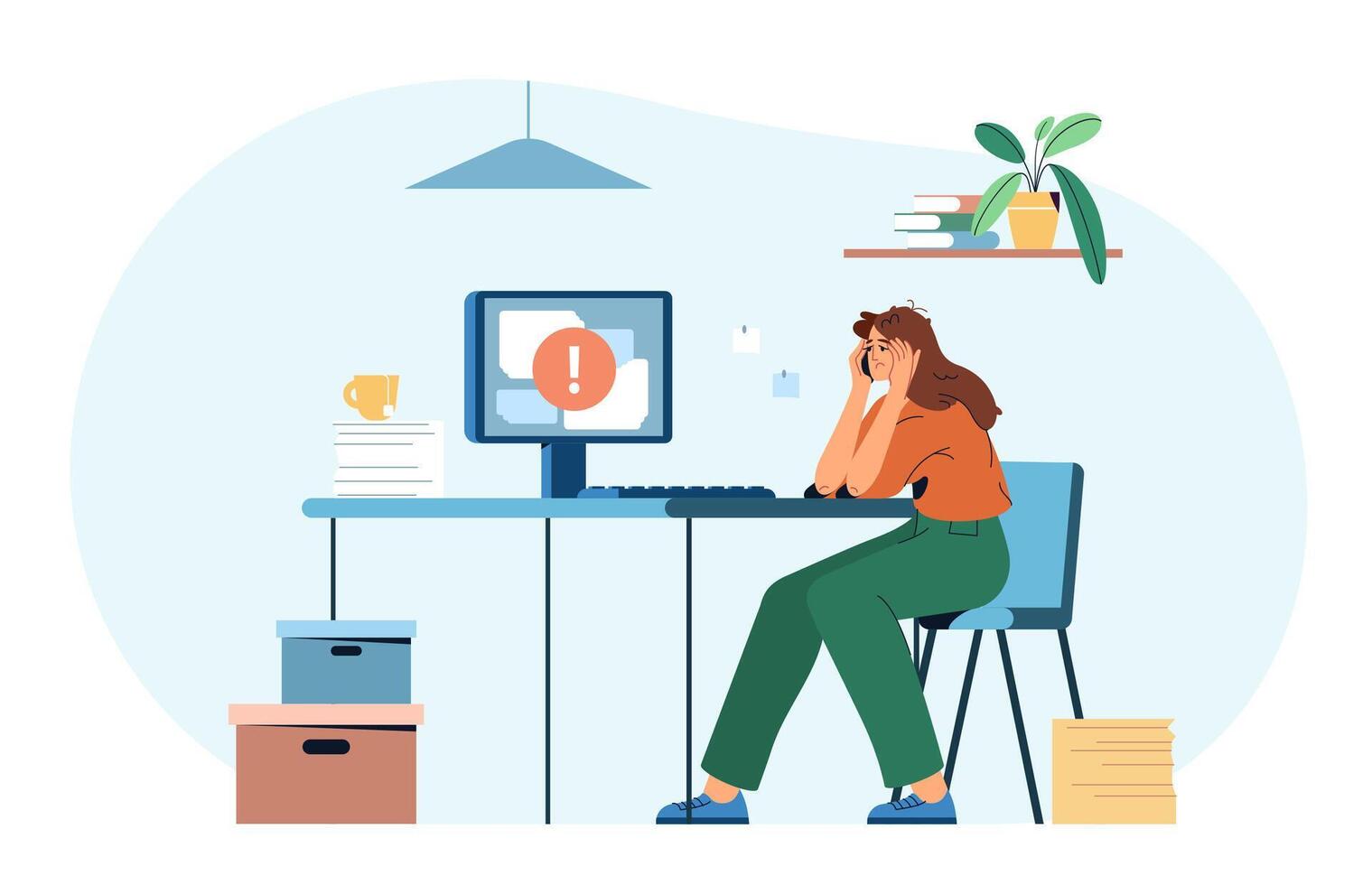 platt trött utmattad kvinna kontor arbetstagare på dator skrivbord på arbetsplats. kvinna med låg energi nivåer. professionell burnout syndrom. begrepp av påfrestning, trötthet, överarbetad eller mental hälsa problem vektor