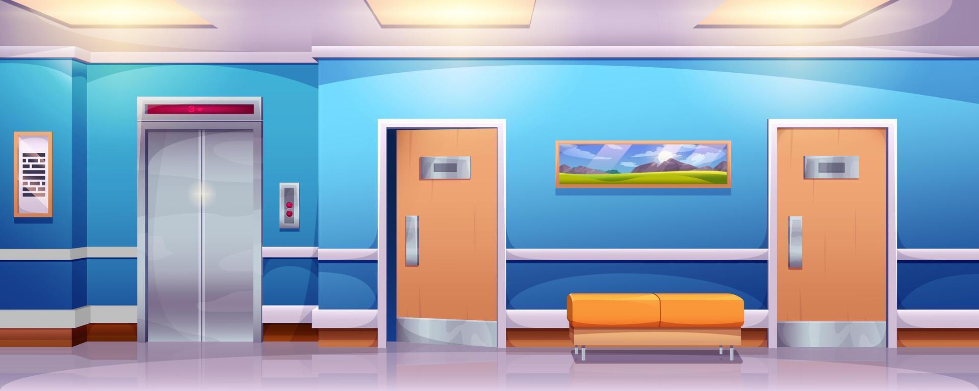 sjukhus korridor interiör vektor tecknad serie illustration. tömma hall i medicinsk klinik med hiss, soffa och dörrar till avdelningar. väntar hall eller lobby för patienter med soffa och hiss
