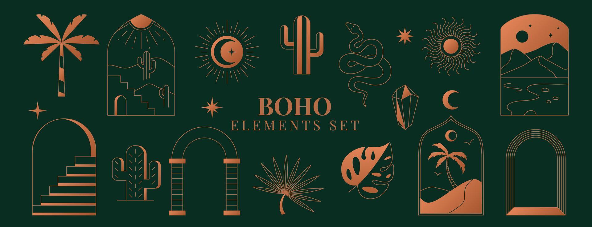 Boho Elemente Satz. Bohemien Mystiker Linie Kaktus, Sonne, Mond, Kristall, Palme, Stufen, Wüste Landschaft und Bogen Frames Design. einfach linear Bogen Magie esoterisch Symbole, Astrologie Symbole auf dunkel Hintergrund vektor