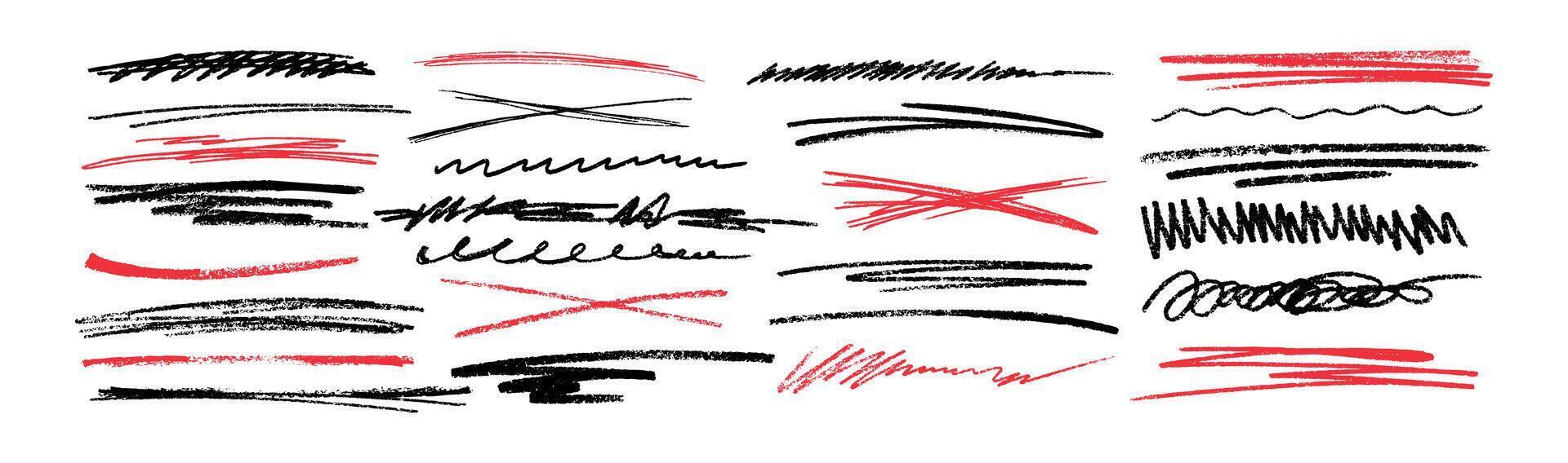 hand dragen grunge genomstruken, träkol understryker, klottrar och slag. röd och svart penna markera rader, krita krumlar, markör går över isolerat på vit bakgrund. klotter vektor element