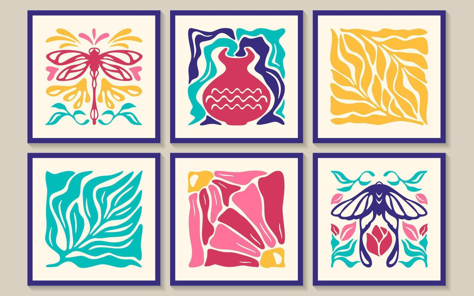 abstrakt häftig fyrkant posters med blommor, fjäril, trollslända och vas i minimal stil. trendig naiv retro banderoller med växter och organisk blommig. matisse skriva ut uppsättning. botaniska vektor illustration