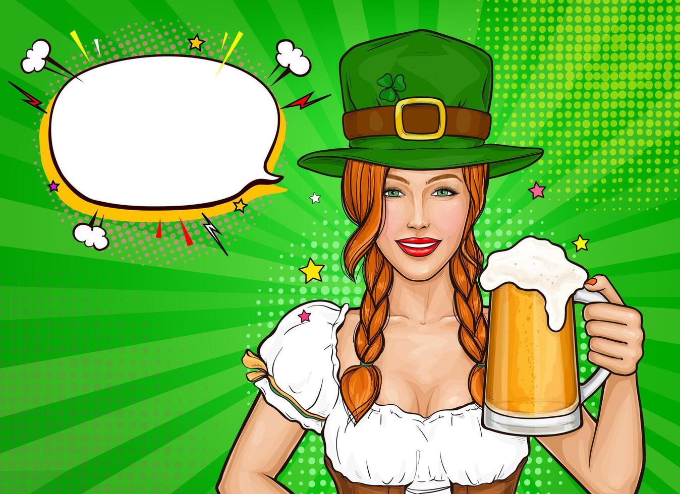 Lycklig st Patricks dag pop- konst vektor illustration. ung kvinna i grön hatt med klöver och glas av öl i hand. leende servitris flicka med vitklöver innehav alkohol dryck. irländsk firande begrepp
