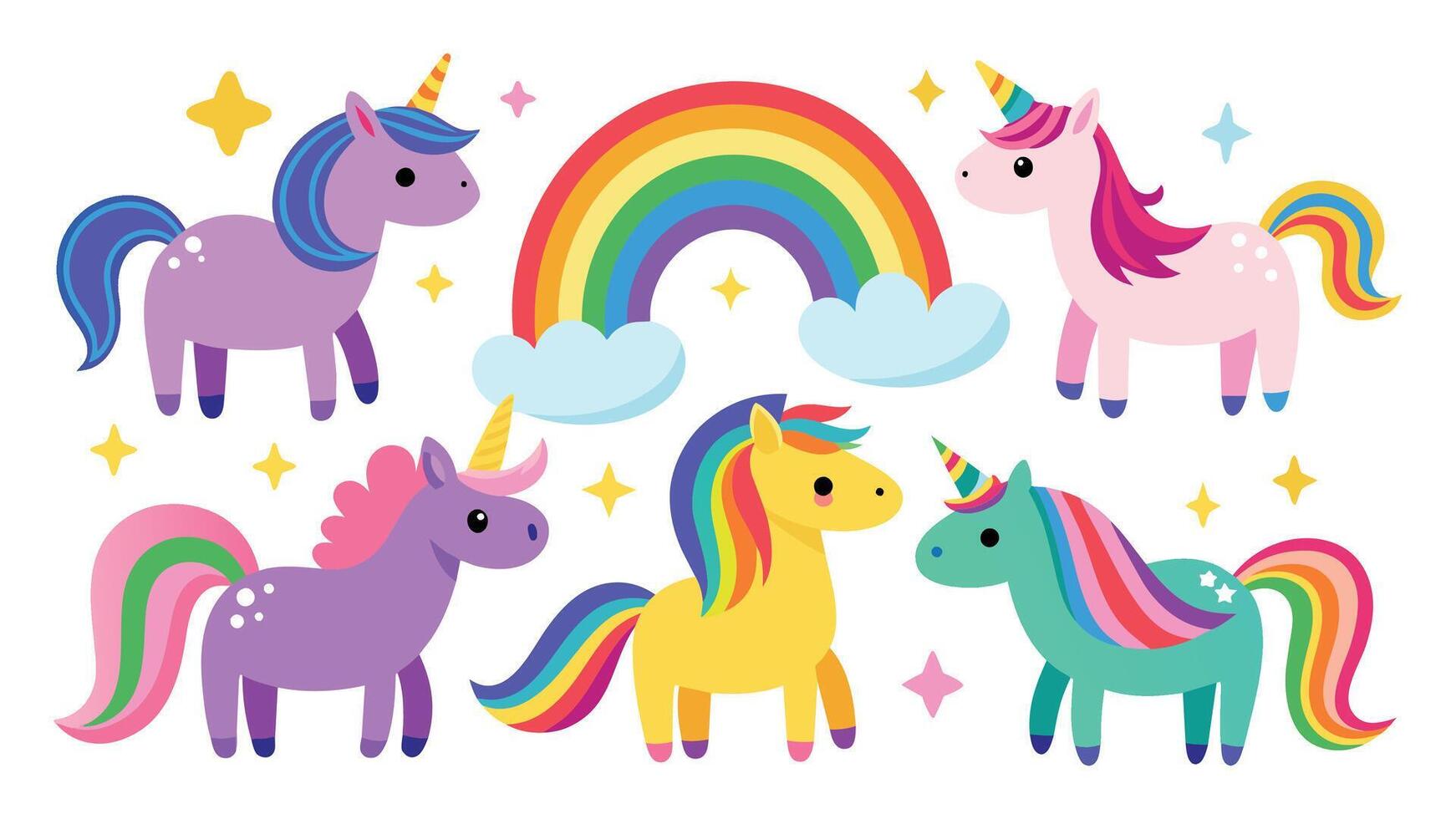 einstellen von Regenbogen Einhorn minimal isoliert eben Vektor Profi Sammlung Illustration auf Weiß Hintergrund