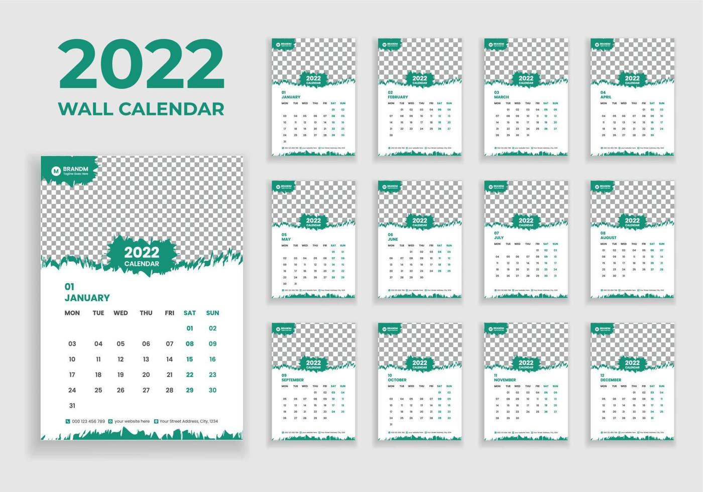 väggkalenderdesign 2022. väggkalenderdesign 2022. nyårskalenderdesign 2022. veckan börjar på måndag. mall för årskalender 2022 vektor