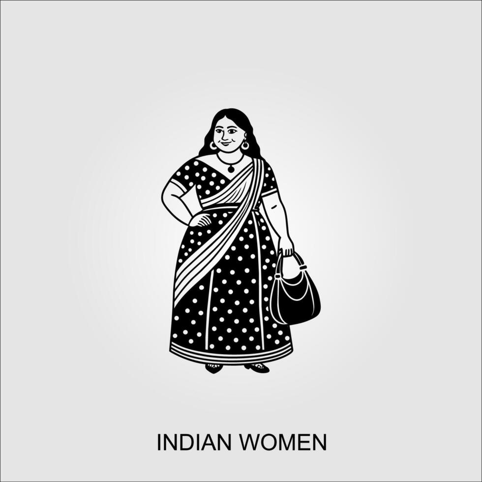 indisk kvinnor saree ClipArt indisk kvinna bär brud- outfit-svart och vit vektor illustration