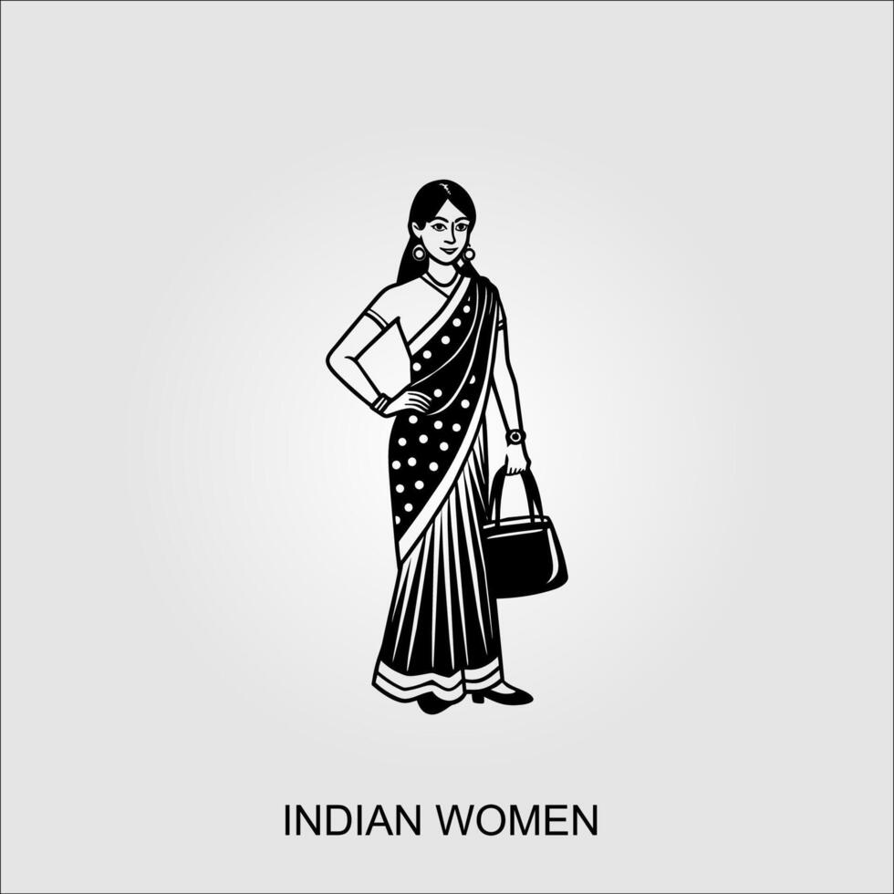 indisk kvinnor saree ClipArt indisk kvinna bär brud- outfit-svart och vit vektor illustration