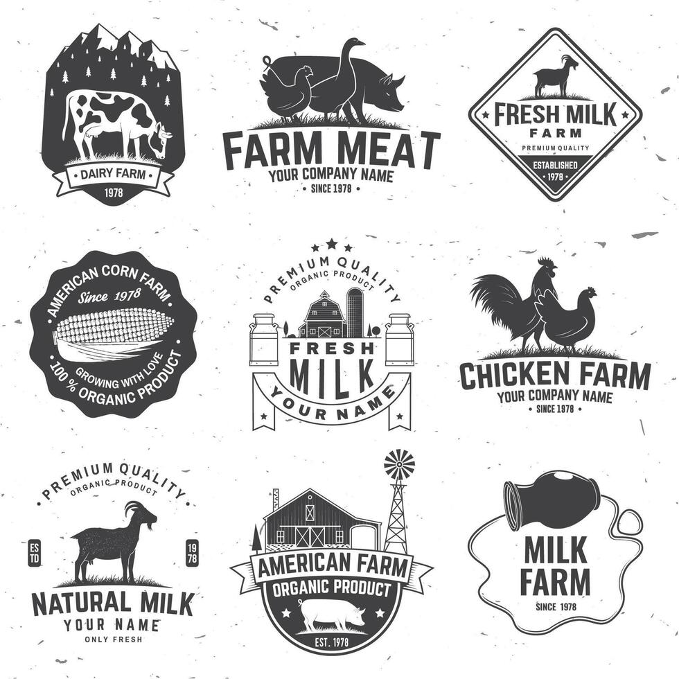 amerikan bruka bricka eller märka. vektor. årgång typografi design med kyckling, gris, ko och bruka hus silhuett. element på de tema av de mjölk, fläsk och kyckling bruka företag. vektor
