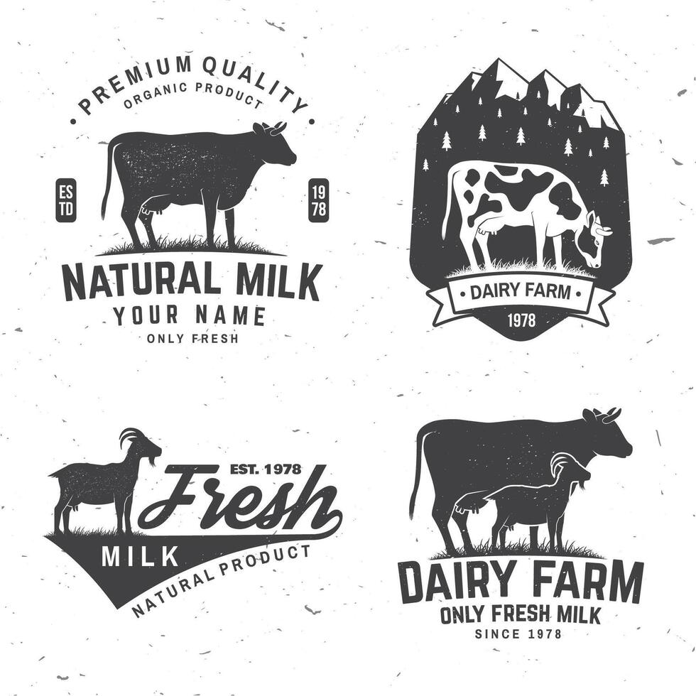 mejeri odla. endast färsk mjölk bricka, logotyp. vektor. typografi design med ko , get silhuett. mall för mejeri och mjölk bruka företag - affär, marknadsföra, förpackning och meny vektor