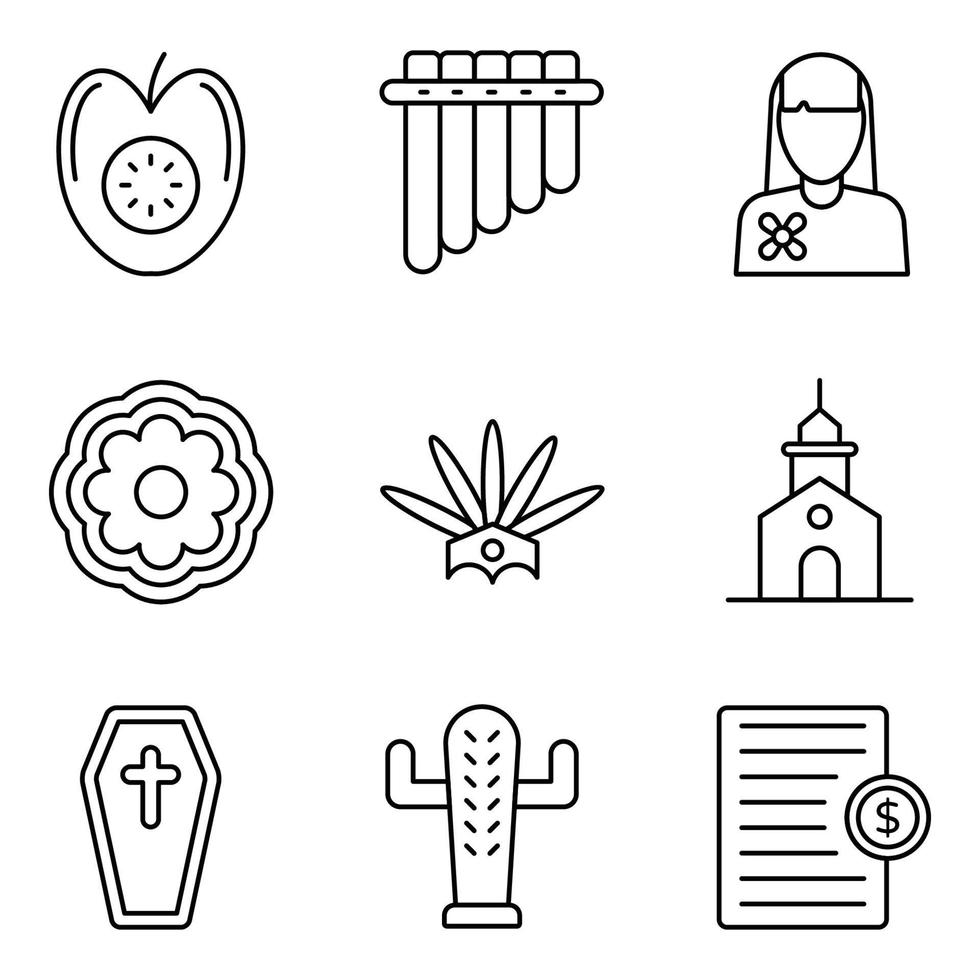 Mexiko linje ikoner set vektor