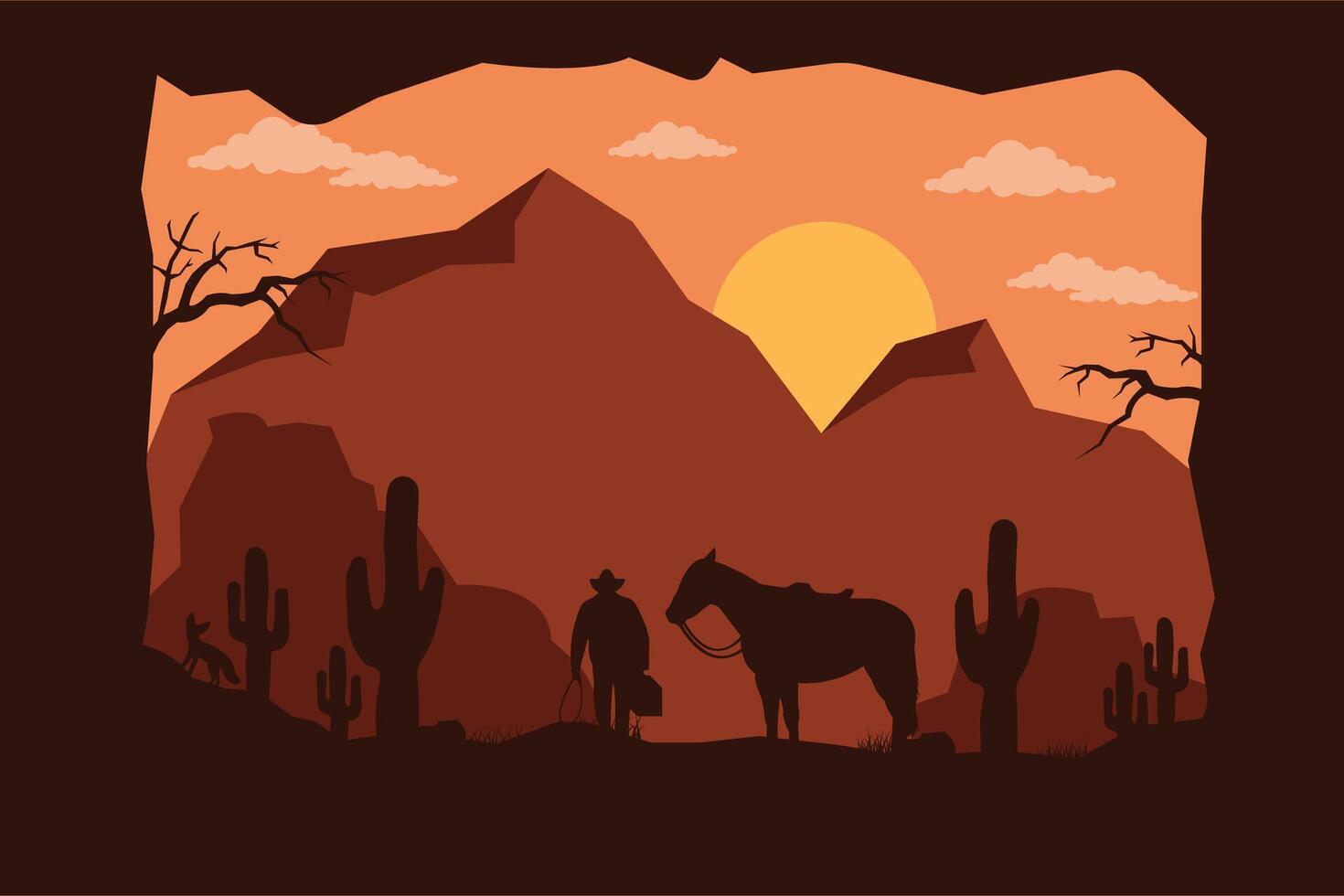 landskap silhuett av cowboy ridning på häst bakgrund mall enkel begrepp årgång design vektor
