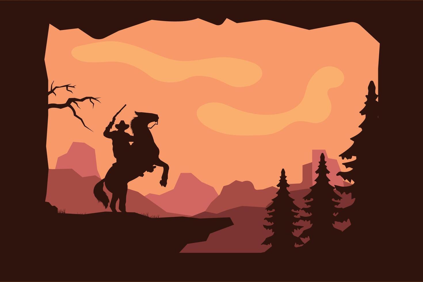 Landschaft Silhouette von Cowboy Reiten beim Pferd Hintergrund Vorlage einfach Konzept Jahrgang Design vektor