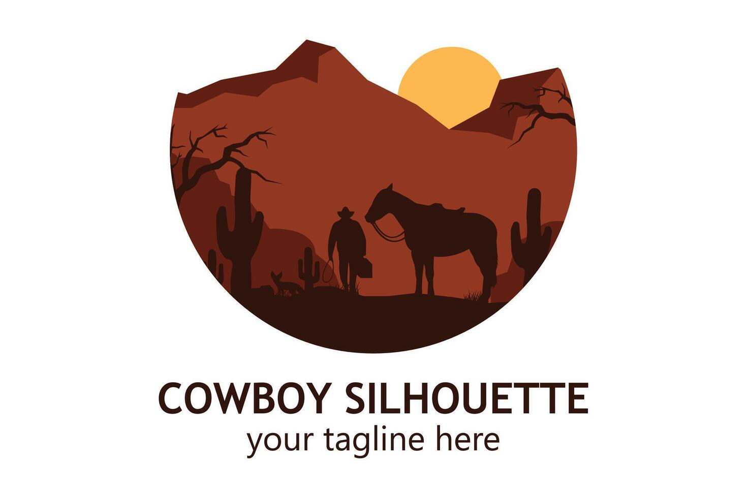 logotyp landskap silhuett av cowboy ridning på häst mall enkel begrepp årgång design vektor