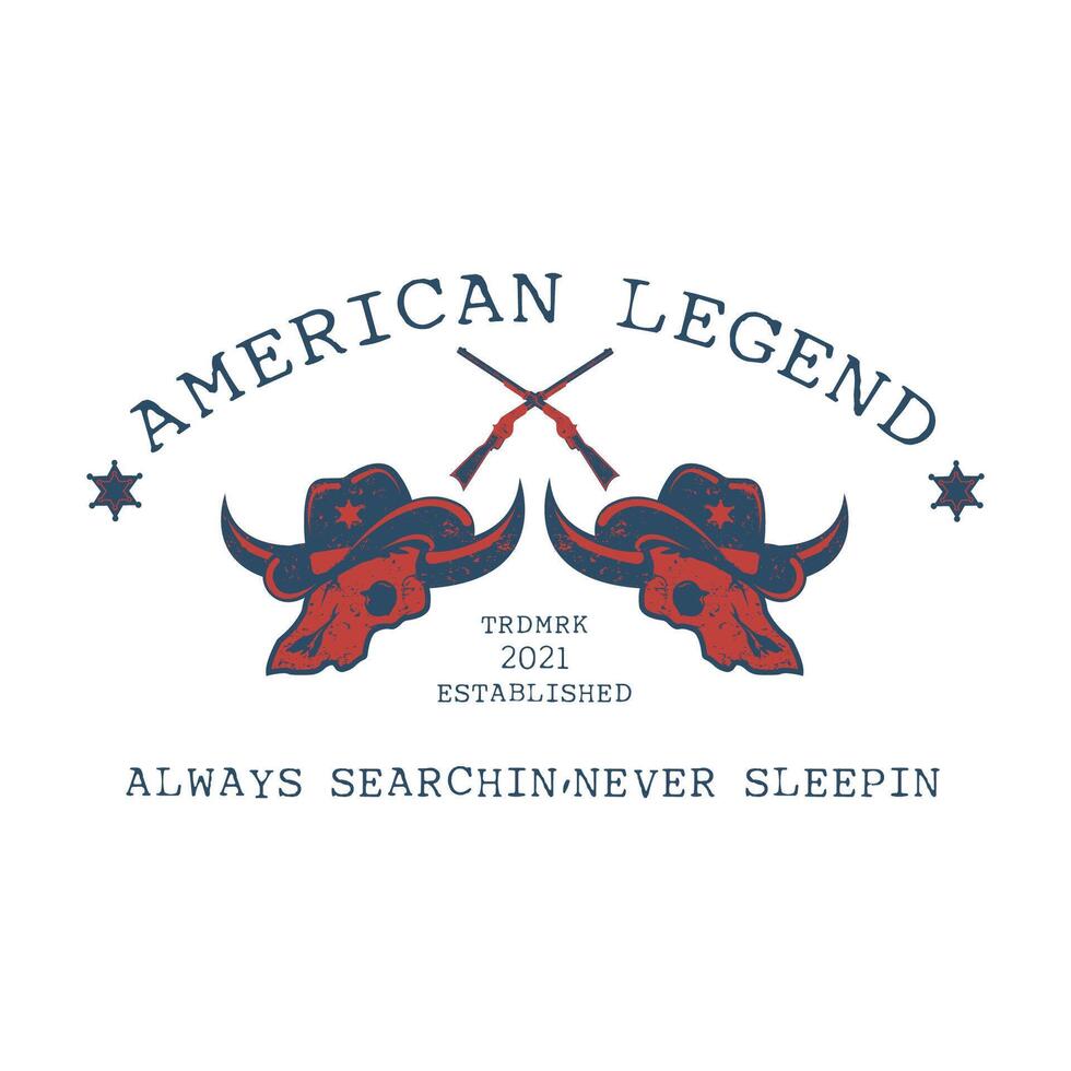Logo Jahrgang amerikanisch Cowboy Schädel Kopf Vektor Illustration mit bekleidung Design Poster