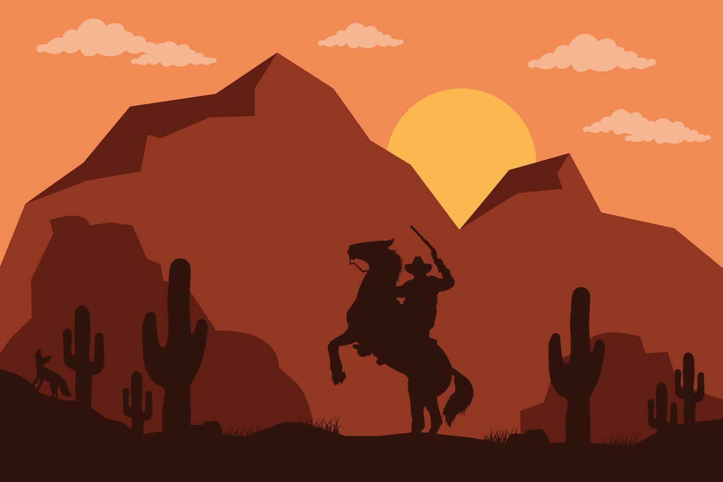 landskap silhuett av cowboy ridning på häst bakgrund mall enkel begrepp årgång design vektor