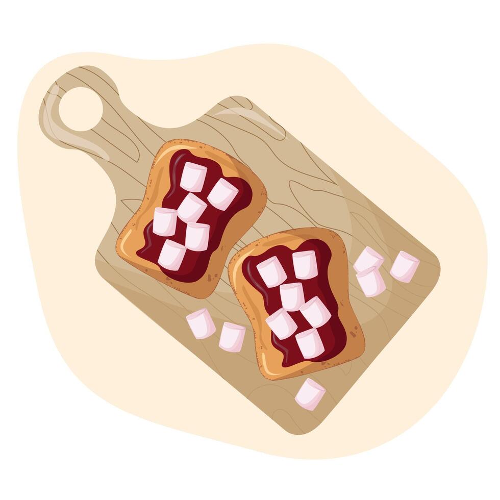 ljuv rostat bröd på kök styrelse. tecknad serie isolerat skiva av rostat bröd med bitar av marshmallows för frukost. rostat bröd med choklad spread.vector illustration vektor