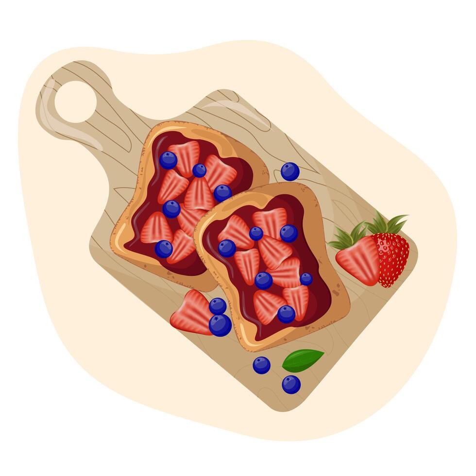 Süss Toast auf Küche Tafel. Karikatur isoliert Scheiben von getoastet Brot mit Stücke von Erdbeere und Blaubeeren zum Frühstück. getoastet Brot mit Schokolade Ausbreitung.Vektor Illustration vektor