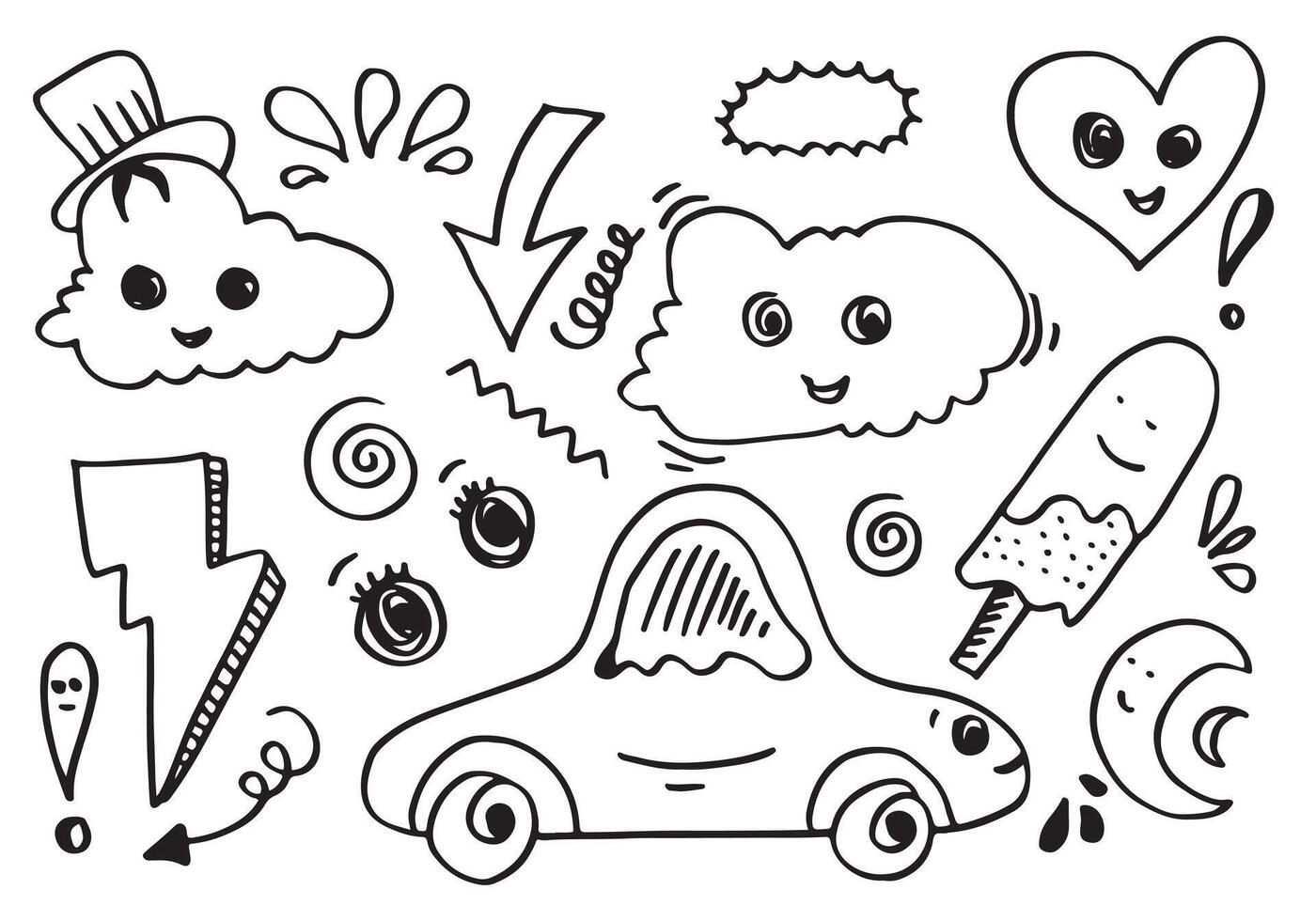 hand dragen kawai klotter tecknad serie mönster för tapet, klistermärken, färg böcker, stift, emblem isolerat på vit bakgrund. vektor illustration.