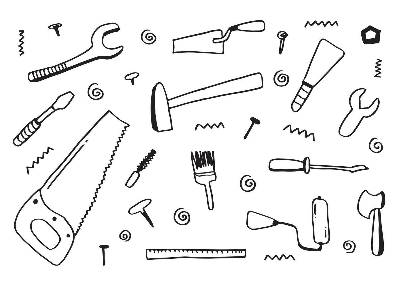 arbetande konstruktion verktyg doodles samling på vit bakgrund, vektor