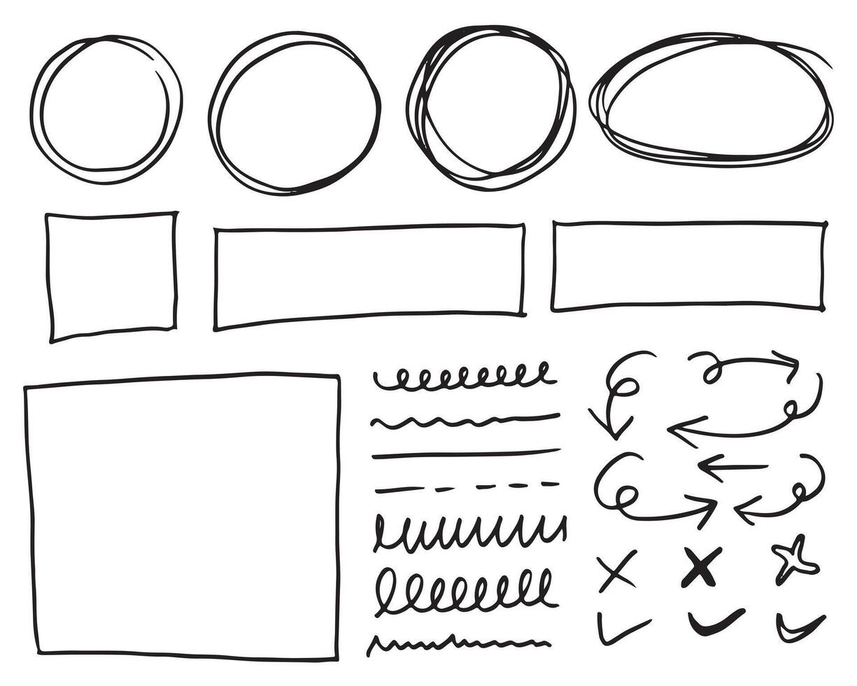 gekritzelvektorlinien und kurven. handgezeichnete scheck- und pfeilzeichen. satz einfacher kritzellinien, kurven, rahmen und punkte. Sammlung von Bleistifteffekten. Doodle-Grenze. einfaches Doodle-Set. vektor