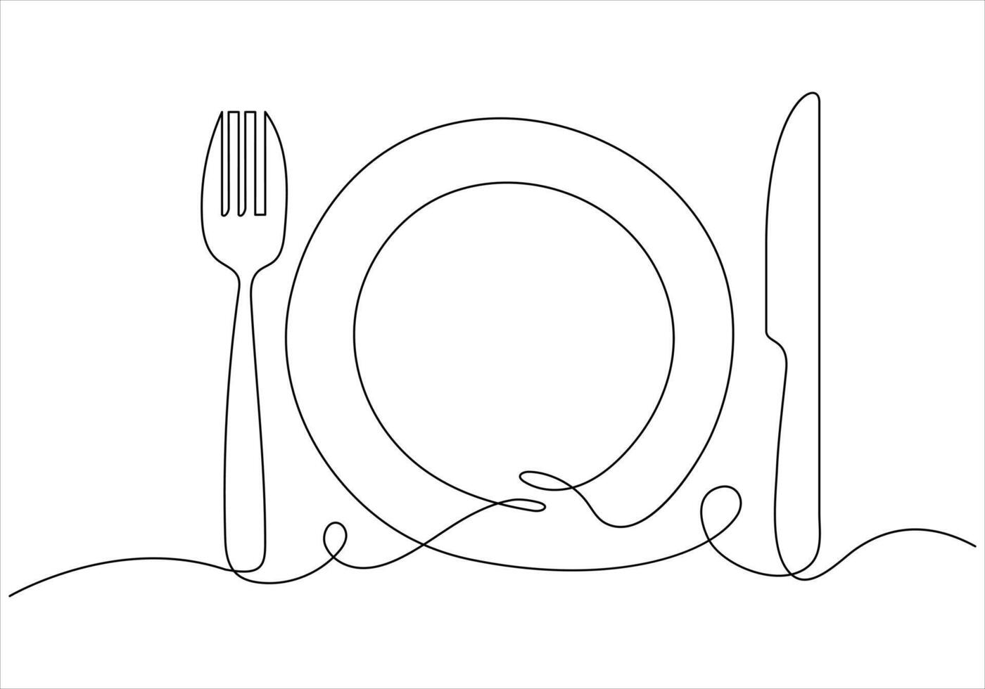 kontinuierlich einer Linie Zeichnung von Gabel Messer Löffel und Teller aus Linie Vektor Kunst Illustration