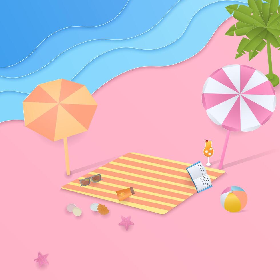 Sommer- Hintergrund mit Picknick Matte und Strand Regenschirm vektor