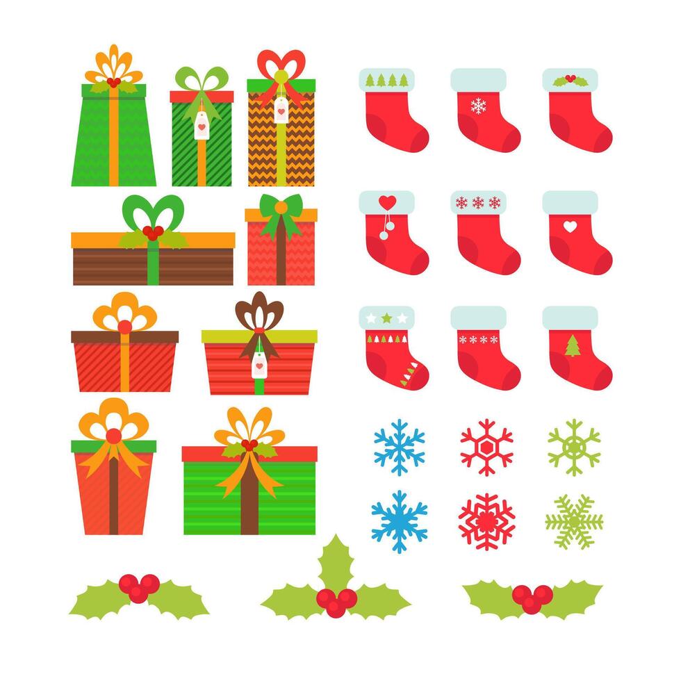Weihnachten Symbole Satz. Geschenk Kisten, Schneeflocken, Stechpalme Beeren, Weihnachten Strümpfe. Neu Jahre Symbole vektor