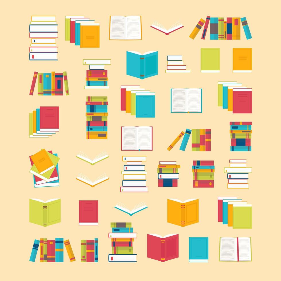 bok ikoner uppsättning i platt stil för din design. skola böcker bakgrund. bibliotek, bokhandel. utbildning begrepp vektor