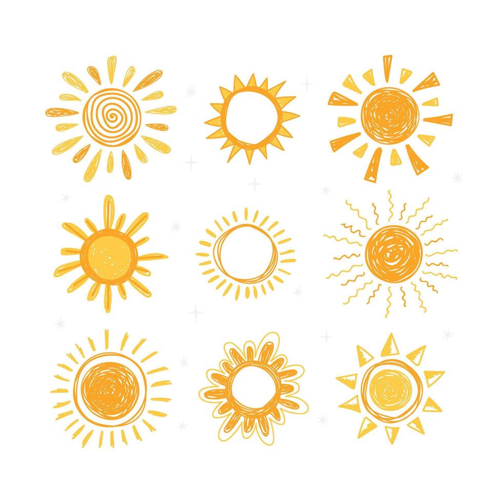 uppsättning av hand dragen Sol symboler. samling av klotter Sol ikoner vektor