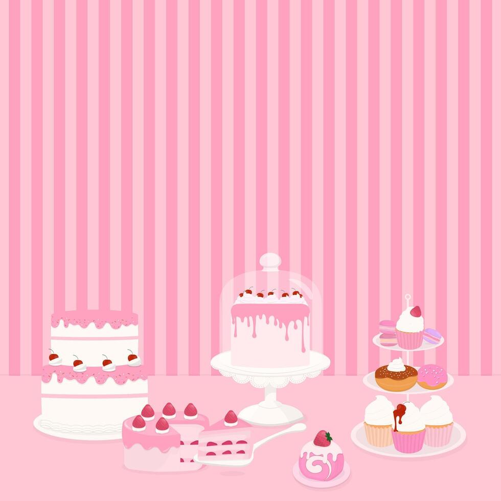 kaka och efterrätt på rosa randig bakgrund vektor