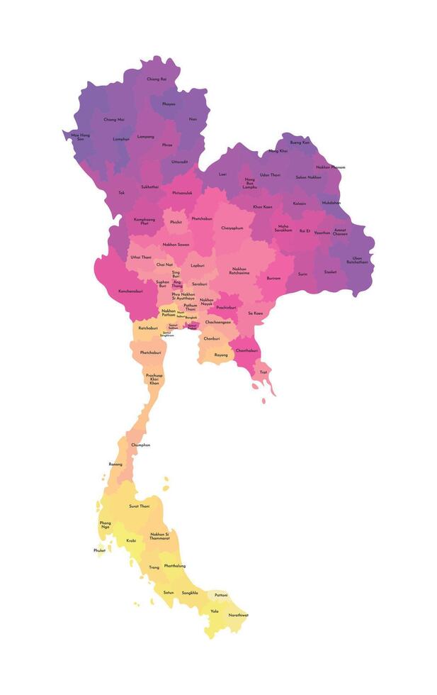 Vektor isoliert Illustration von vereinfacht administrative Karte von Thailand. Grenzen und Namen von das Regionen. multi farbig Silhouetten.