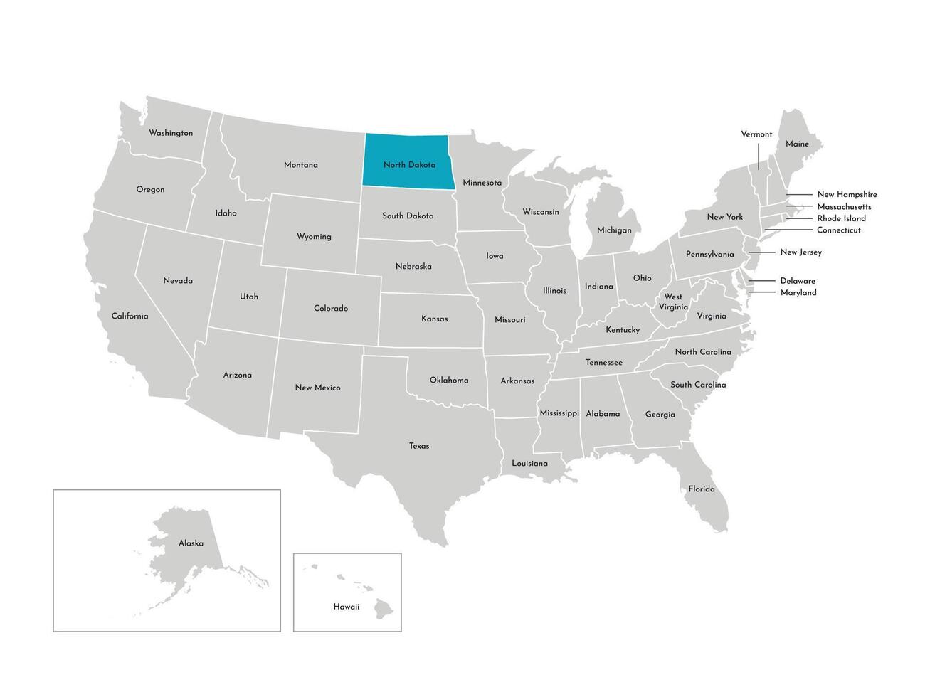 Vektor isoliert Illustration von vereinfacht administrative Karte von das USA. Grenzen von das Zustände mit Namen. Blau Silhouette von Norden Dakota, Zustand.