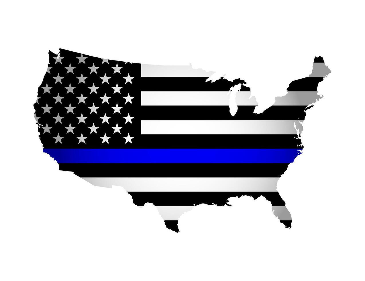 Vektor Illustration mit amerikanisch National Flagge mit gestalten von USA Karte. Sterne und Streifen. Volumen Schatten auf das Karte. National Flagge im schwarz und Weiß Farben und dünn Blau Linie. Polizei Unterstützung Symbol