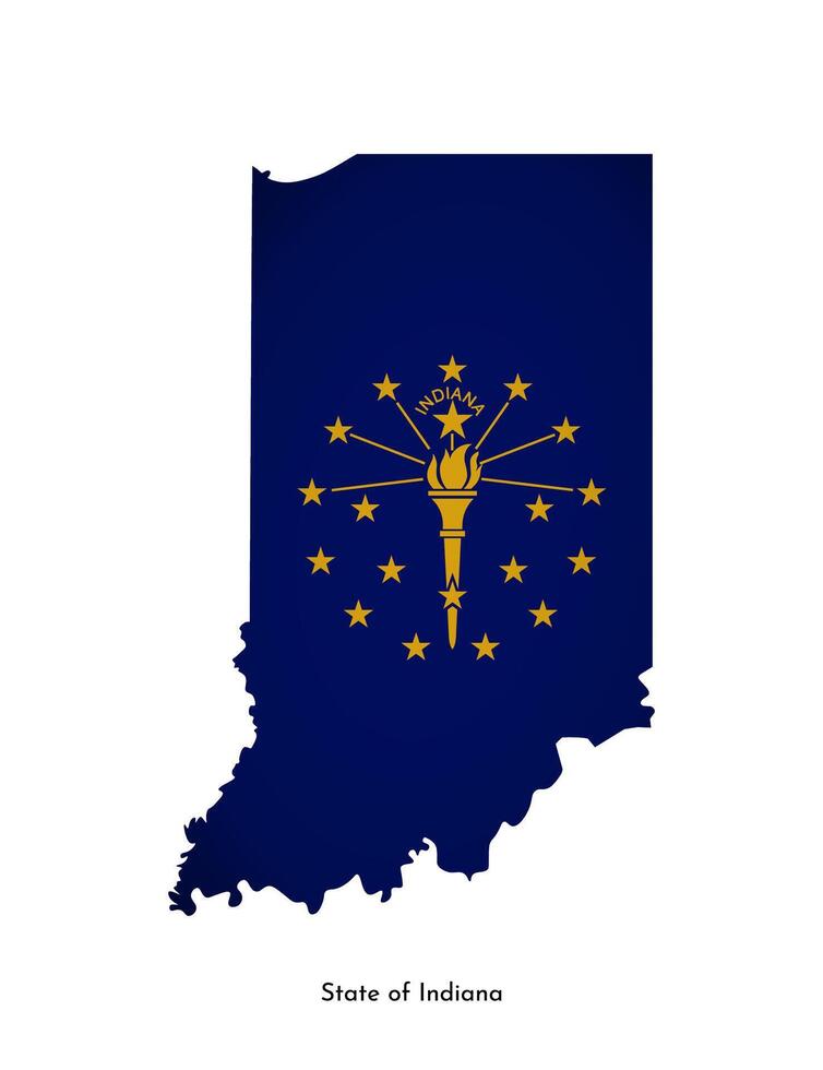 Vektor isoliert Illustration mit Flagge und vereinfacht Karte von Indiana, Zustand von USA. Volumen Schatten auf das Karte. Weiß Hintergrund