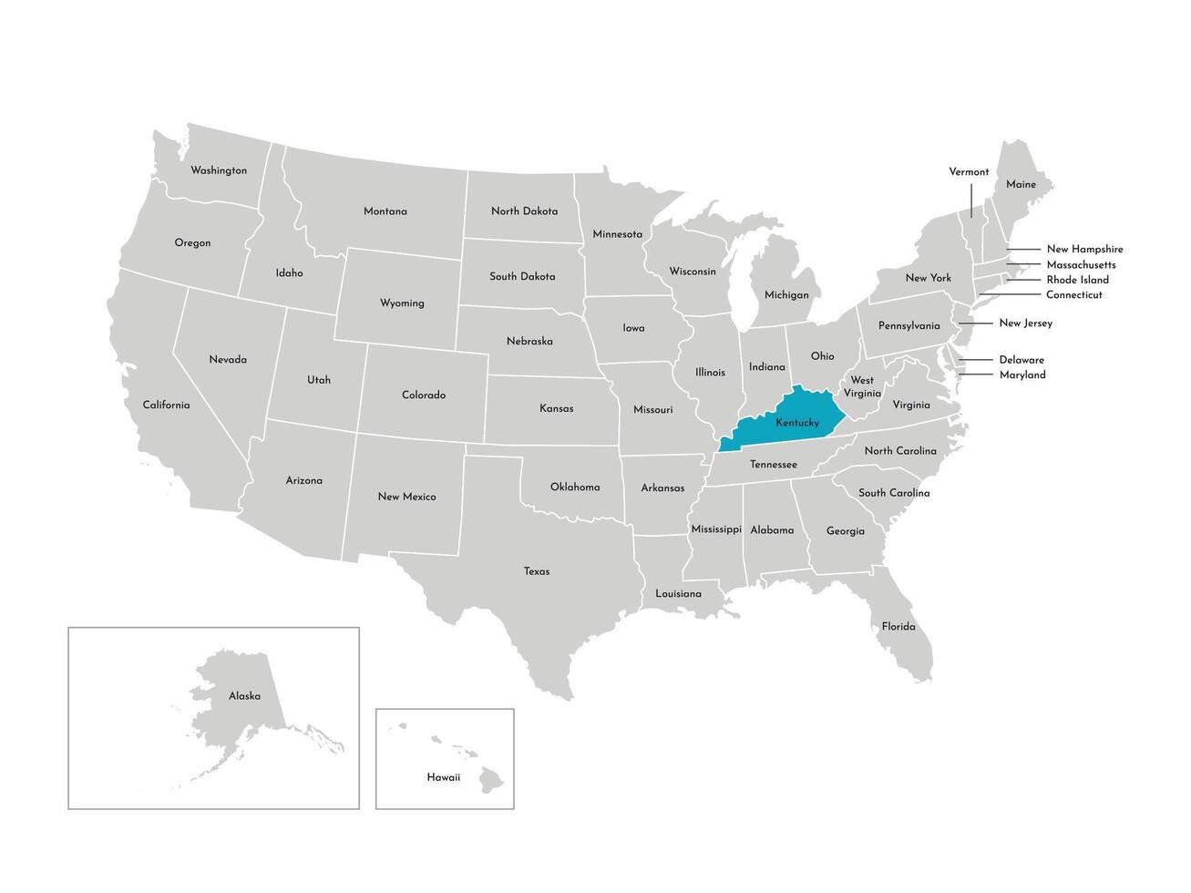 Vektor isoliert Illustration von vereinfacht administrative Karte von das USA. Grenzen von das Zustände mit Namen. Blau Silhouette von Kentucky, Zustand.