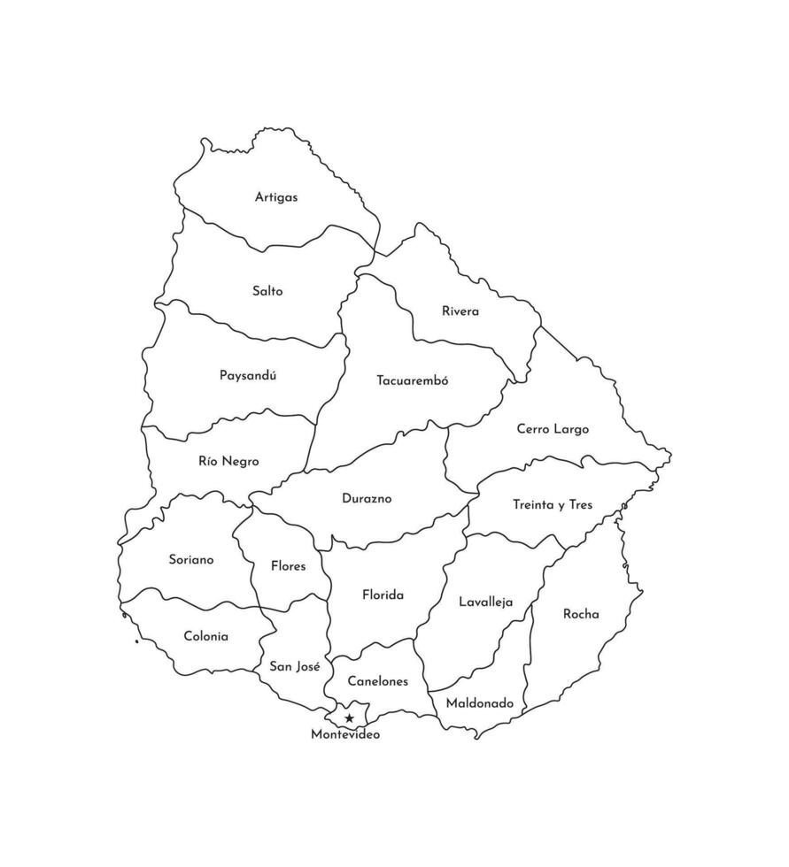 Vektor isoliert Illustration von vereinfacht administrative Karte von Uruguay. Grenzen und Namen von das Abteilungen, Regionen. schwarz Linie Silhouetten.