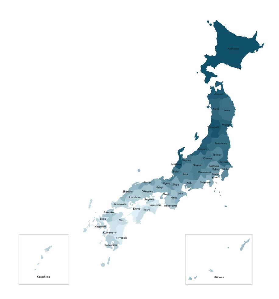 vektor isolerat illustration av förenklad administrativ Karta av japan. gränser och namn av de prefekturer. färgrik blå kaki silhuetter.