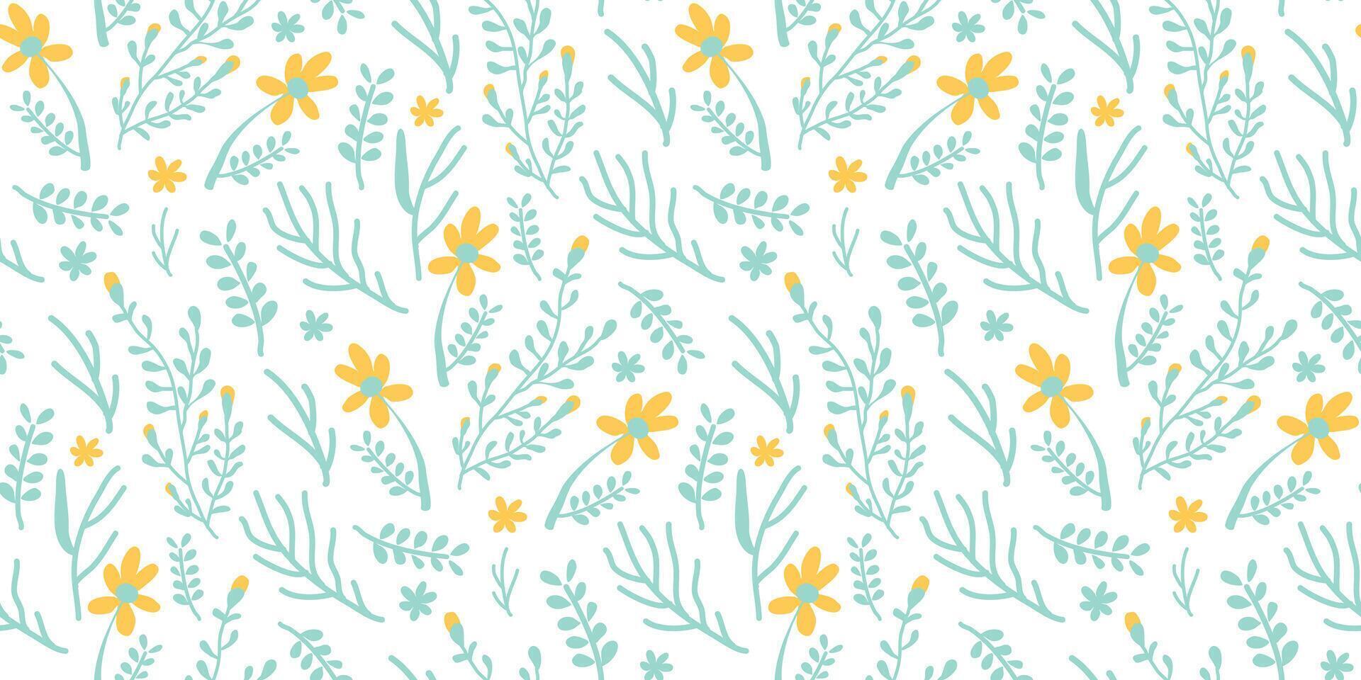 sömlös upprepa mönster med blommor och löv i blå och gul på vit bakgrund. vektor
