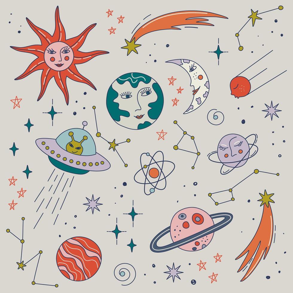 süß Gekritzel retro Raum Satz. kosmisch bündeln mit das Sonne, Planet Erde, das Mond, Sterne. Boho Stil Objekte mit Gesichter. heidnisch Symbole. Hand gezeichnet Vektor Illustrationen.