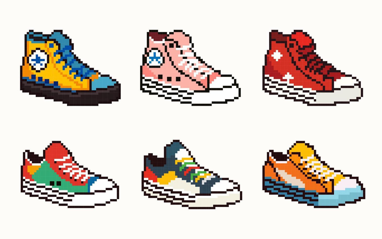 Sport Schuhe im Pixel Kunst Stil. anders farbig Turnschuhe Symbole im 8 bisschen Stil. Pixel Grafik Symbole Gruppe Sammlung. zum Spiel Schnittstelle, Handy, Mobiltelefon App Element, Netz. vektor