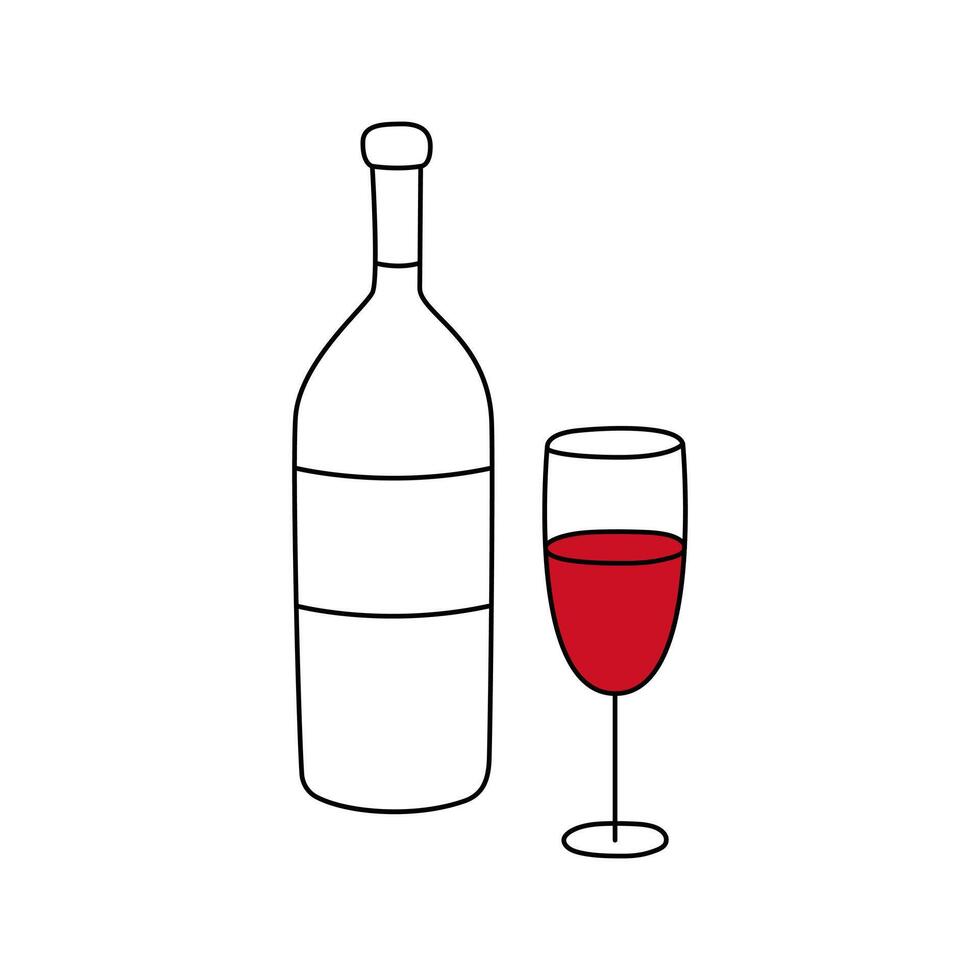 rot Wein Flasche und Glas. Gekritzel Vektor Illustration. süß Hand gezeichnet Elemente von Alkohol Getränk isoliert auf Weiß Hintergrund.