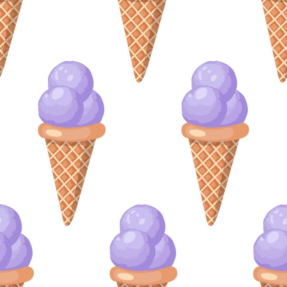 Lavendel Eis Creme. drei Schaufeln von cremig Süss Dessert im ein Waffel Kegel. lila Sorbet. nahtlos Muster. Vektor Illustration.