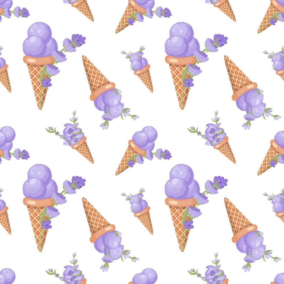 Lavendel Eis Creme. drei Schaufeln von cremig Süss Dessert im ein Waffel Kegel. lila Sorbet. nahtlos Muster. Vektor Illustration.