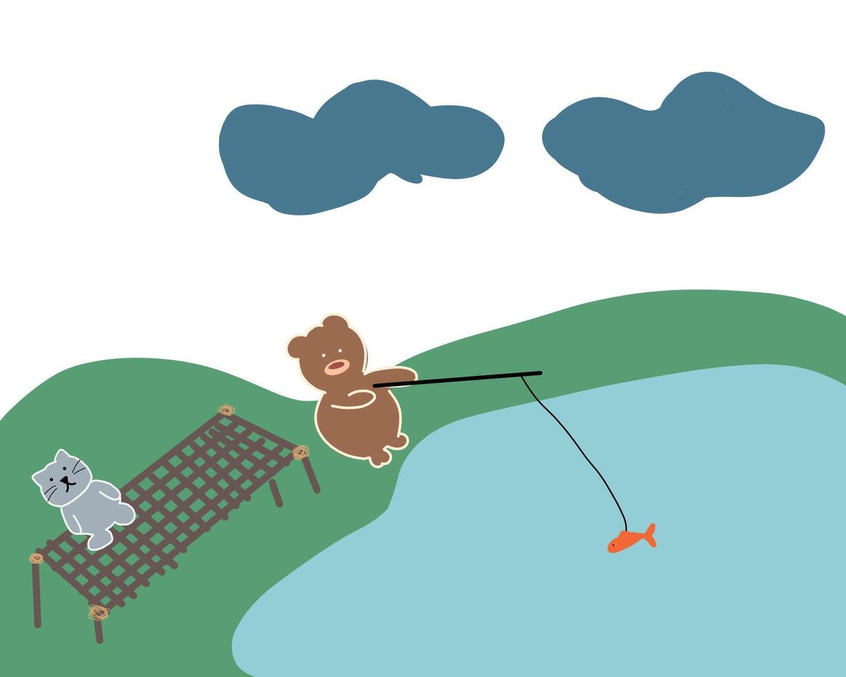 barn teckning Björn och katt fiske vektor