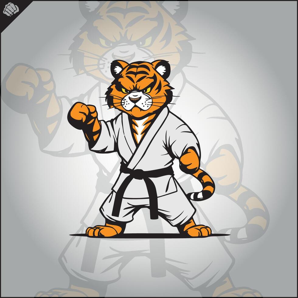 Tiger Karate Logo Karikatur. Kampf Verein Logotyp. vektor