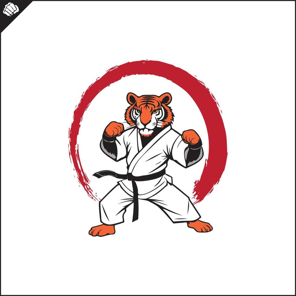 Tiger Karate Logo Karikatur. Kampf Verein Logotyp. vektor