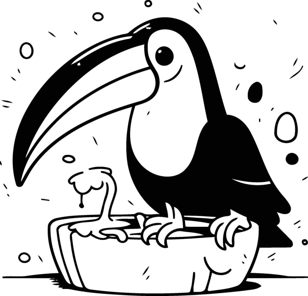 Karikatur Tukan im ein Schüssel von Wasser. Vektor Illustration.
