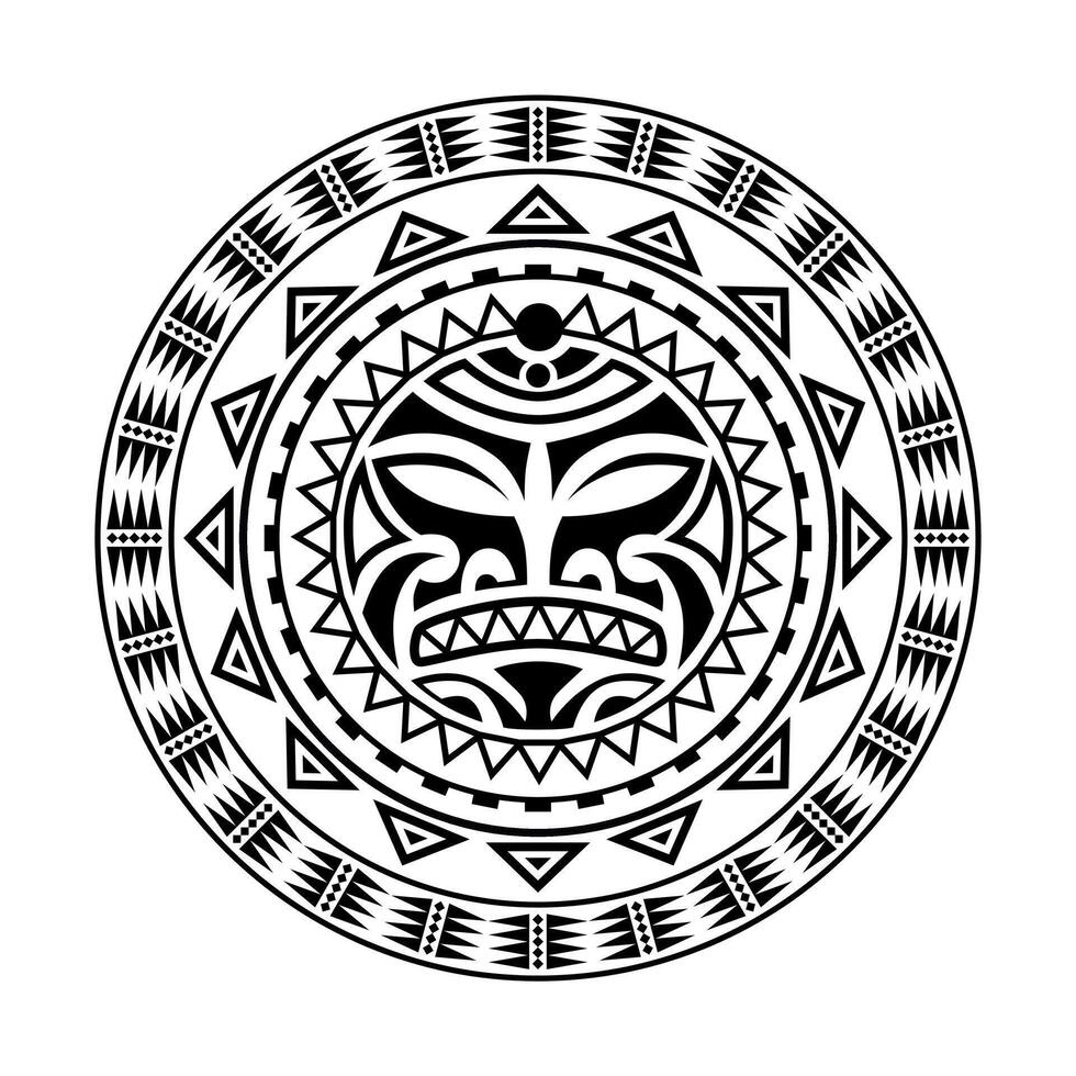 rund tatuering prydnad med solen ansikte maori stil. afrikansk, aztekisk eller maya etnisk mask. vektor