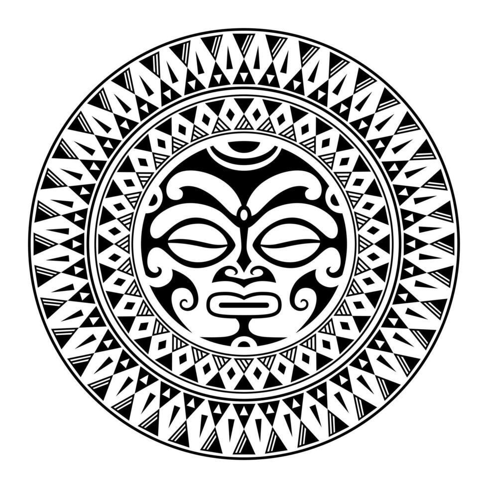 rund tatuering prydnad med solen ansikte maori stil. afrikansk, aztekisk eller maya etnisk mask. vektor